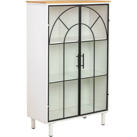 Vitrine blanche métal et bois style classique portes vitrées - Blanc bois naturel et noir (1/5)