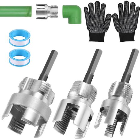Lot de 3 enfile-tubes en PVC, outil de filetage extérieur et externe pour tuyaux en PVC/plastique de 1,27 cm, 1,9 cm et 2,5 cm, barre d'extension, ruban d'étanchéité et gants (1/5)