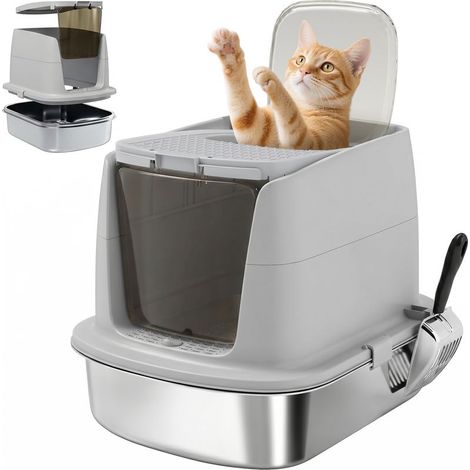 Grand bac à litière pour chat en acier inoxydable avec couvercle à charnière, pelle en métal, sac désodorisant, facile à nettoyer, gris clair (1/5)
