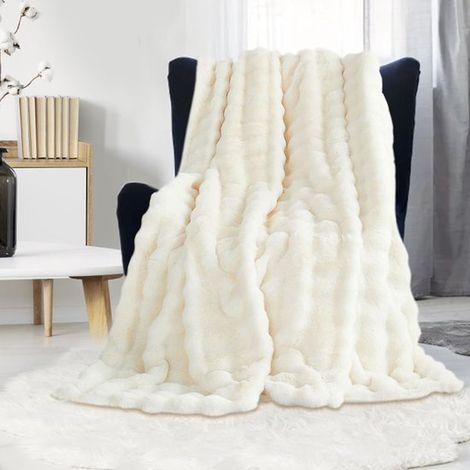 Plaid moelleux pour canapé - Couverture en fausse fourrure ultra douce, couverture mignonne pour femme, couverture légère et chaude pour lit, canapé ou fauteuil, blanc cassé, 140 x 200 cm (1/5)
