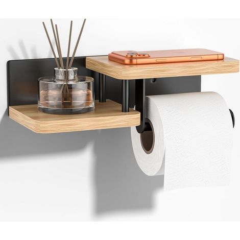 Porte-Papier Toilette avec Étagère – Chêne & Acier INOX, Trous de Fixation à vis, Support de Rouleau de Cuisine en Bambou pour Salle de Bain et Cuisine (1/5)