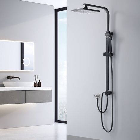 Colonna Doccia Nera Senza Miscelatore – Sistema Doccia in Acciaio Inox con Doccetta a Mano, Soffione Quadrato Regolabile in Altezza, Design Moderno (1/5)