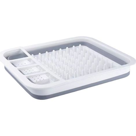 Égouttoir à Vaisselle Pliable avec Plusieurs Compartiments - Support Vaisselle et Couverts en Silicone, PP et TPR - Polyvalent, Pratique, Durable - 34.5x28.5x10cm, Gris Blanc (1/5)