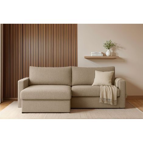 Ecksofa Sofa mit Schlaffunktion BENDIK Stoff Faro Dunkelbeige Ottomane Links (1/3)