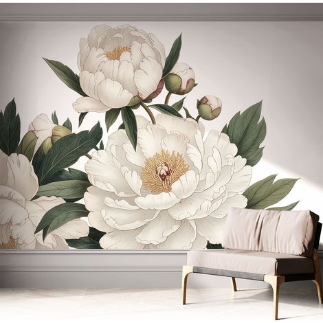 Selbsthaftend Tapete für Wohnzimmer Schlafzimmer Küche - Wanddekoration Weiße Pfingstrosen 312x219 cm (1/5)