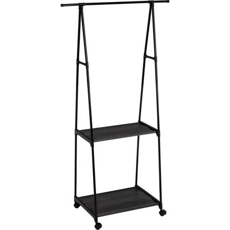 Porte-manteau - JUANIO - 84x43x156 cm - métal noir - 2 étagères - roulettes pivotantes