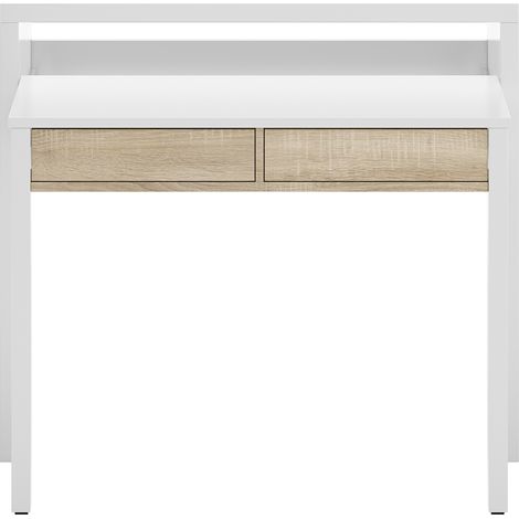 Pegane – Table console extensible convertible en bureau blanc et chêne – Dimensions 88 cm hauteur x 99 cm longueur x 36-70 cm profondeur – Mélamine de qualité