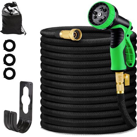 Tuyau d'arrosage extensible de 15 m (50 pi), flexible, 10 jets différents, avec raccords en laiton de 3/4 de pouce, idéal pour les jardins. (1/5)