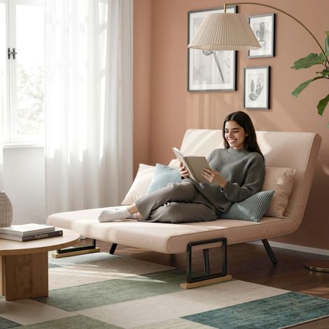 Canapé-lit 2 places en velours, fonction couchage, avec 2 coussins, aspect velours, naturel + beige + noir (1/5)