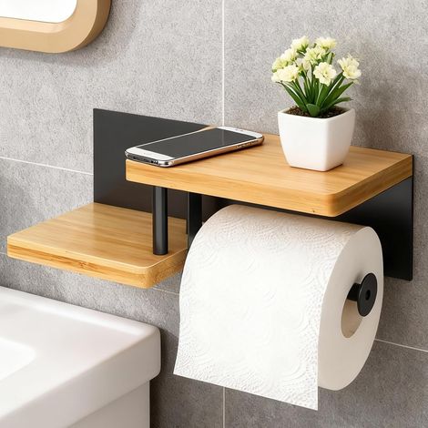 Derouleur Papier Murale en Bois, Porte Papier Toilette sans Percage, Support Rouleau Papier Toilette avec Deux Étagères, Parfait pour Cuisine et Salle de Bain (1/5)