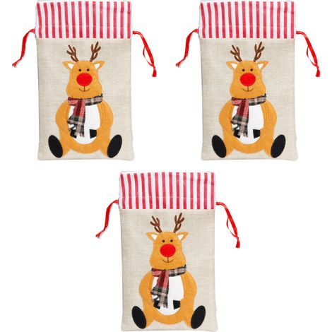 Sac Cadeau Noel - Renne Pere Noel Bonhomme De Neige - Toile de Jute avec Cordon de Fermeture - Lot de 3 (1/5)