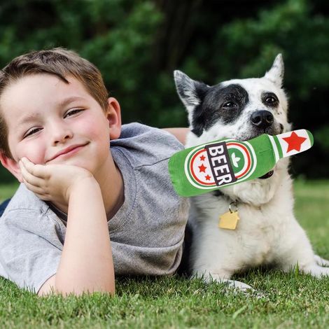 Jouet pour chien en peluche en forme de bouteille de bière, corde interactive, sifflet, vert, pour chiens de petite à grande taille (1/5)