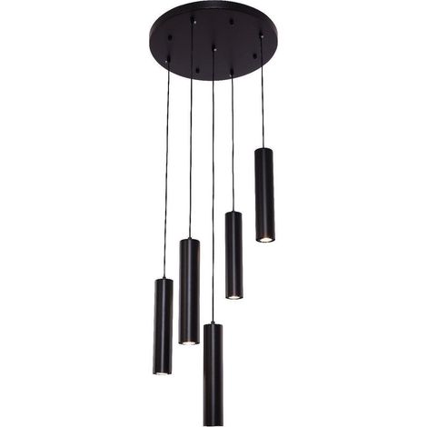 Suspension Luminaire 5 Cylindres en Métal Noir Mat Plaque Ronde Ø 45 cm Réglable - PANGIVO