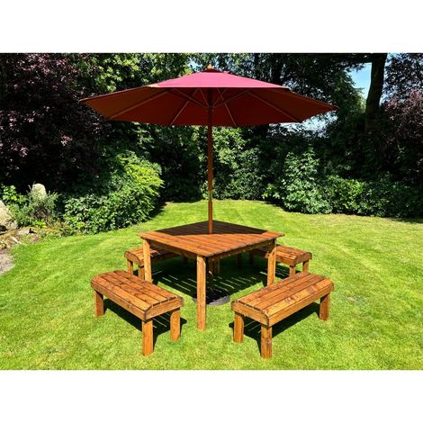 Knights Eight Seater Garden Furniture Table Set - L160 x W170 x H80 cm - Burgundy Parasol Included - Fully Assembled