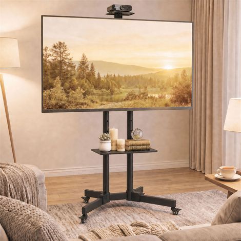 Meuble TV à roulettes pour téléviseurs de 32 à 75 pouces, réglable en hauteur, inclinable à ±15° et doté de 2 plateaux, noir. (1/5)