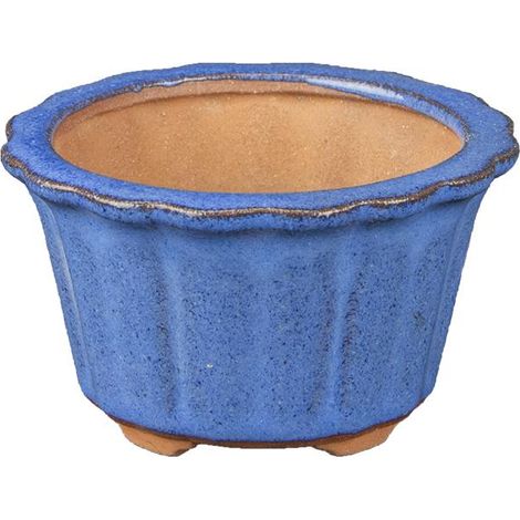 Vaso per bonsai rotondo (forma a fior di loto) in gres smaltato blu 6x6x4 cm - SF19