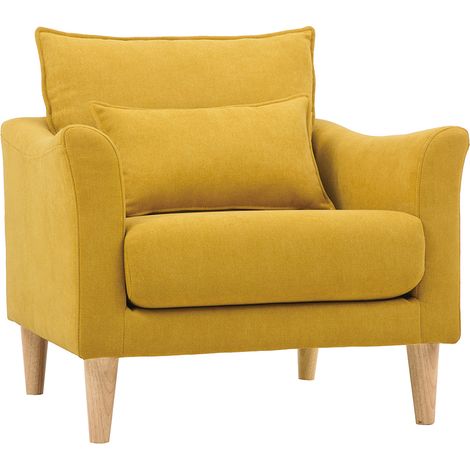 Miliboo – Fauteuil relax scandinave en tissu effet velours jaune moutarde – Structure en eucalyptus et pieds en hévéa massif – Dimensions L77 x P77.5 x H76.5 cm