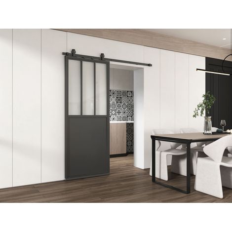 Loftschiebetür aus Stahl in schwarz mit Glaseinsatz - 1025 x 2150 mm