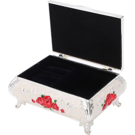 Boîte à bijoux vintage, motif roses vintage en relief, alliage de zinc, velours doux, couleurs vives, finition brillante et sécurisée, petite boîte à bijoux argentée, blanche et rouge. (1/5)