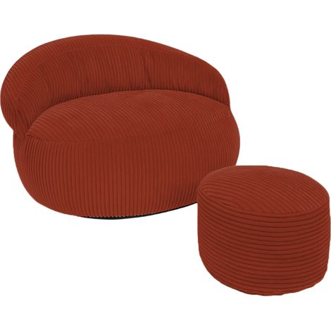 Pouf XXL déhoussable en velours côtelé BANANAIR 110x100 cm + repose-pieds rouge brique (1/5)