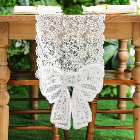 Chemin de table en dentelle blanche avec un grand nœud, 12 x 71 pouces, brocart brodé rectangulaire vintage, nappe française.