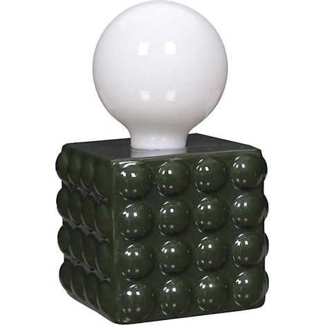 Lampe à poser céramique relief vert foret abat-jour globe (H17cm) sur piles