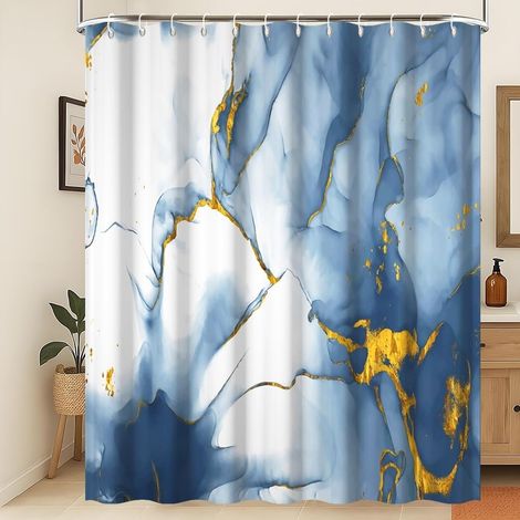 Rideau de Douche Bleu et Blanc à Pois dorés Art Moderne Rideau de Salle de Bain imperméable Abstrait Contemporain Esthétique Résistant à la moisissure Décoration de Salle 180x220cm (1/5)