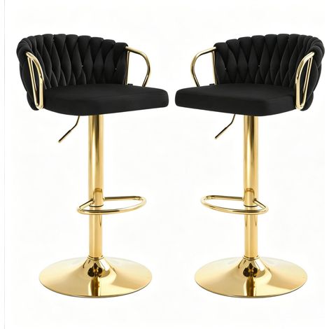 Lot de 2 tabourets de bar noirs en velours avec dossier et repose-pieds, réglables en hauteur (1/5)