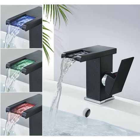 Robinet Salle de Bain Design Moderne de Cascade Robinet Lavabo Noir LED Durable Eau Chaude et Froide Réglable (1/5)