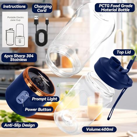 Frullatore elettrico portatile da 400 ml, frullatore per frullati, mini frullatore portatile con 6 lame in acciaio inossidabile ricaricabili per preparare frullati, succhi di frutta, frullati (1/4)