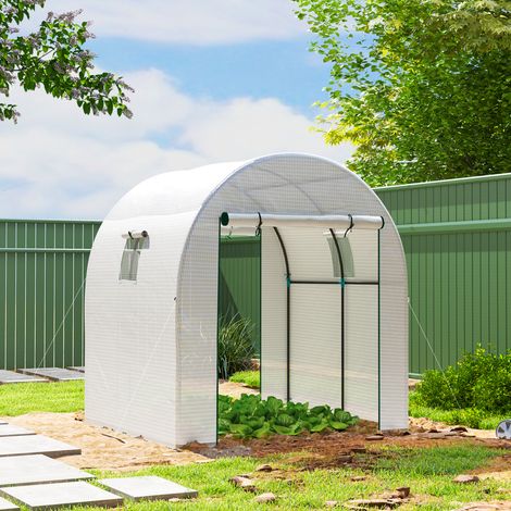 1,8 x 1,8 x 2 m großes Tunnelgewächshaus aus Stahl und UV-beständigem Polyethylen für den Gemüsegarten mit Rolltoren und Fenstern, Weiß