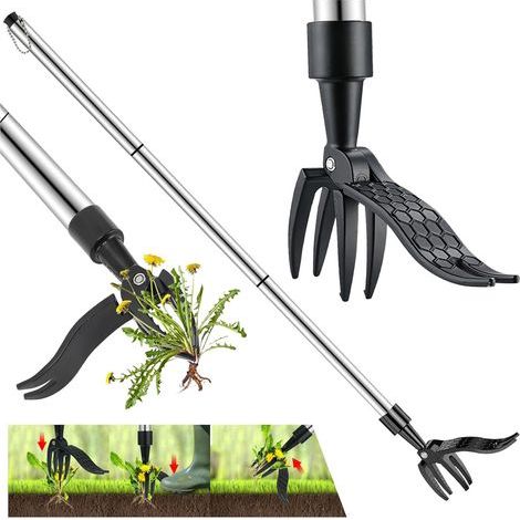 Manueller Unkrautstecher, 100 cm lang, mit 3 Edelstahlkrallen und Fußpedal zur Wurzelentfernung, Unkrautbekämpfungswerkzeug, Gartengerät, freistehend, Aluminiumgriff-Set (1/5)