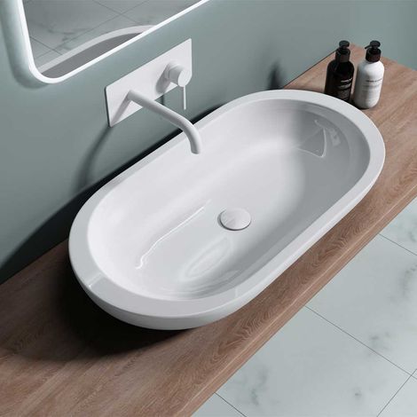 Durovin Bathrooms Ceramic Bathroom Basin - Countertop Sink Vessel - Long Oval Washing Bowl Flat Rim (800 x 425 x 120mm) (1/5)