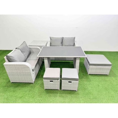 Fimous 7 Pieces Outdoor PE Rattan Sofa Set Patio Garden Furniture Sets with Cushions Side Table 3 Stools Light Grey (1/4)