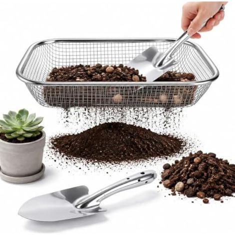Tamis de Jardinage 2 Pièces, Tamis à Terre en Acier Inoxydable 201 avec Maille de 6 mm, Crible à Compost pour Sable, Gravier et Semences, avec 1 Pelle de Jardin, 33,5 x 25 x 6 cm, Argenté (1/5)