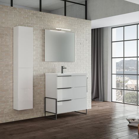 Mobile bagno sospeso 82 cm Bianco Lucido con lavabo e specchio LED - FEBE1 (1/4)