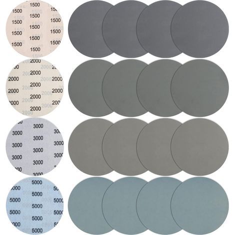 20 piezas de papel de lija húmedo/seco de 150 mm, discos abrasivos redondos de grano 1500/2000/3000/5000 para pulir metal y madera. (1/5)