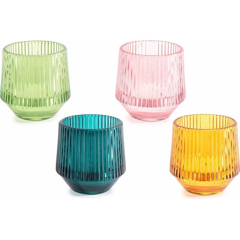 Portacandele tealight in vetro zigrinato colorato con base ricurva, set da 16 pezzi, Ø 7,5 cm x 8 H