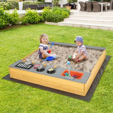 Bois de sapin, bac à sable avec cuisine enfant 2 en 1 et banc, pour jardin, pelouse ou arrière-cour (1/5)