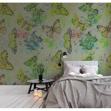 Papier peint panoramique à motif papillon | Tapisserie panoramique idéale pour salle de bain | Papier peint panoramique verte, jaune et orange - 270 x 400 cm (4 pièces) (1/5)