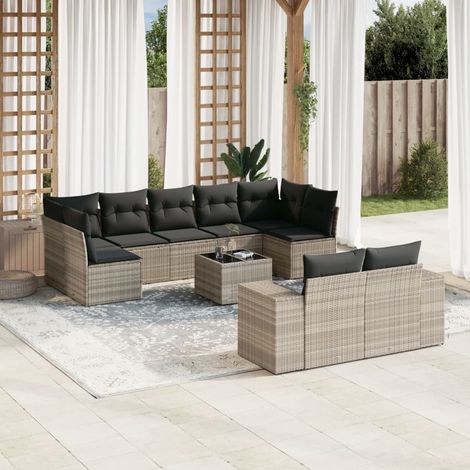 [Ensemble Salon Jardin Modulaire] + [SalonLuxe] + [Grand Canapé 10 Places] + [Gris, Résine Tressée, 9+11 Coussins, Table Verre, Stockage] (1/3)
