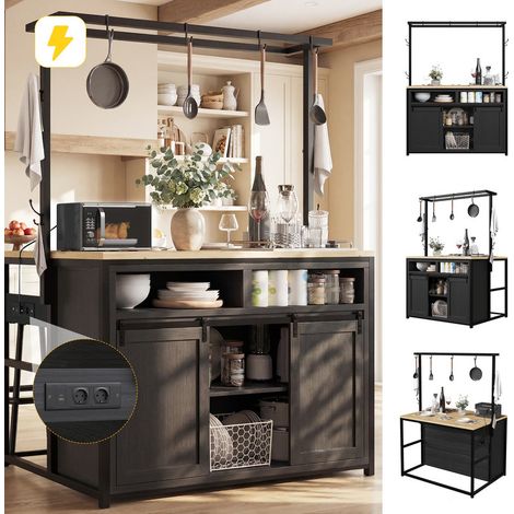 Set de isla de cocina con 2 taburetes, armario de cocina con conexión eléctrica y taburetes a juego – acabado madera/negro, ideal para cocina y comedor (1/5)
