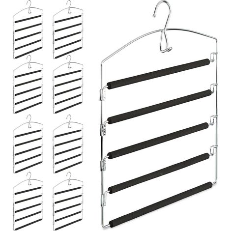 9 perchas múltiples de metal, Pantalones y faldas, Antideslizante, HxLxP: 44, 5 x 37 x 2,7 cm, plata/negro