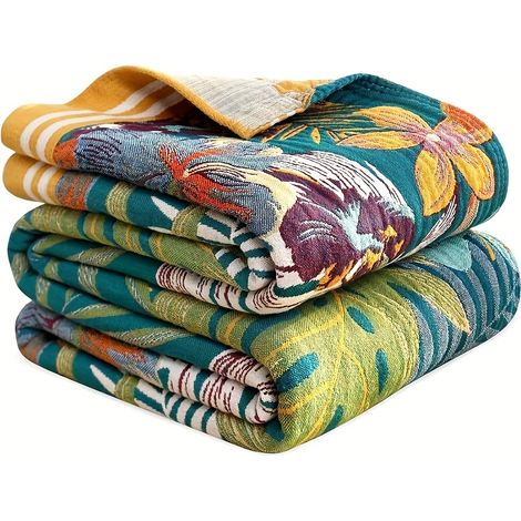 Couverture Bohème en Coton – Motif Hibiscus Doux pour Canapé et Lit (1/4)