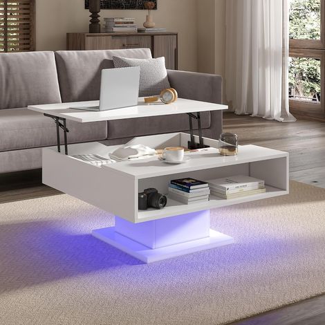 Table basse réglable 80 x 75 x 40 cm, table de salon avec led + rangement semi-ouvert, table basse géométrique, blanc