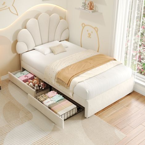 3ft Single Upholstered Storage Bed with Adjustable Petal Headboard - Velvet Bed Frame, 2 Drawers, Solid Wood Slats, No Box Spring, Easy Assembly, No Mattress, Beige