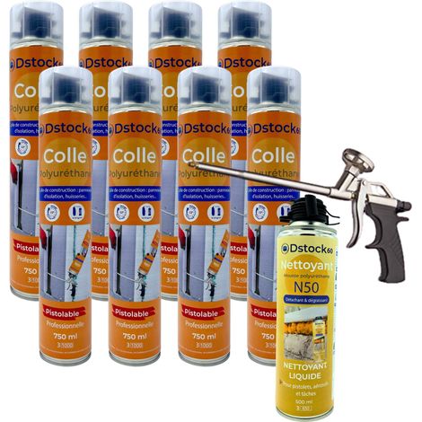 DSTOCK60 - Lot de 8 colles de montage polyuréthane + 1 pistolet + 1 nettoyant mousse - Mousse polyuréthane faiblement expansive pour le collage des panneaux isolants, rouleaux de bitume, huisseries…