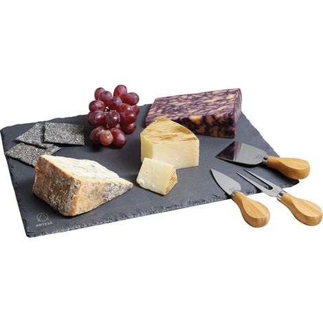 Artesà Set Tagliere / Vassoio in Ardesia Naturale e 3 Coltelli da Formaggio in Acciaio Inossidabile e Legno d'Acacia, Confezione Regalo Inclusa, 4 Pezzi (1/5)