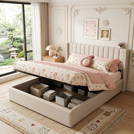 Lit Coffre Double 160x200 cm en Lin Beige - Tête de Lit à Rayures et Sommier à Lattes - Rangement Hydraulique - Idéal Adultes & Ados (1/5)