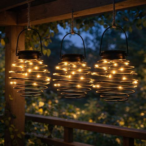 LED Solarleuchte Bienennest Hängelampe Solarlampe Spirale anthrazit Außenleuchte, 18x LED warmweiß, D 15 cm, 3er Set